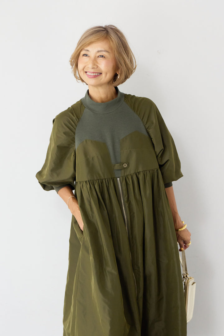 異素材コンビ フロントジップ ワンピース
