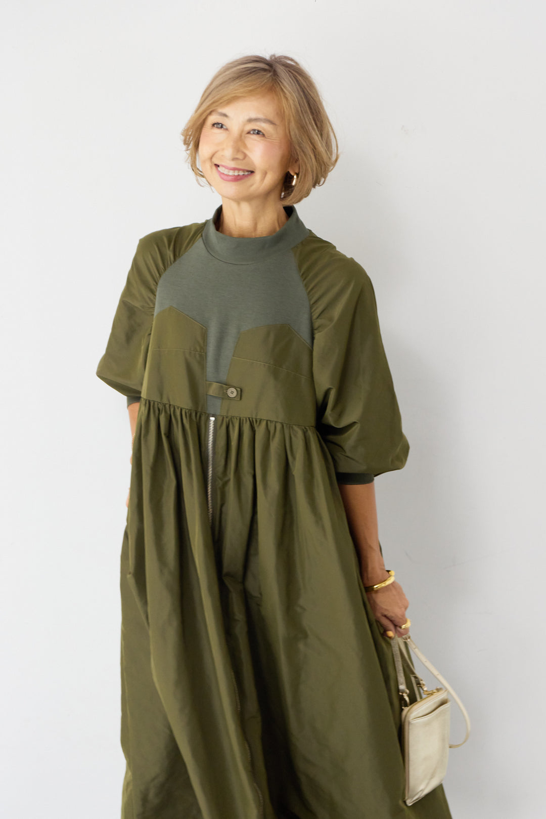 異素材コンビ フロントジップ ワンピース