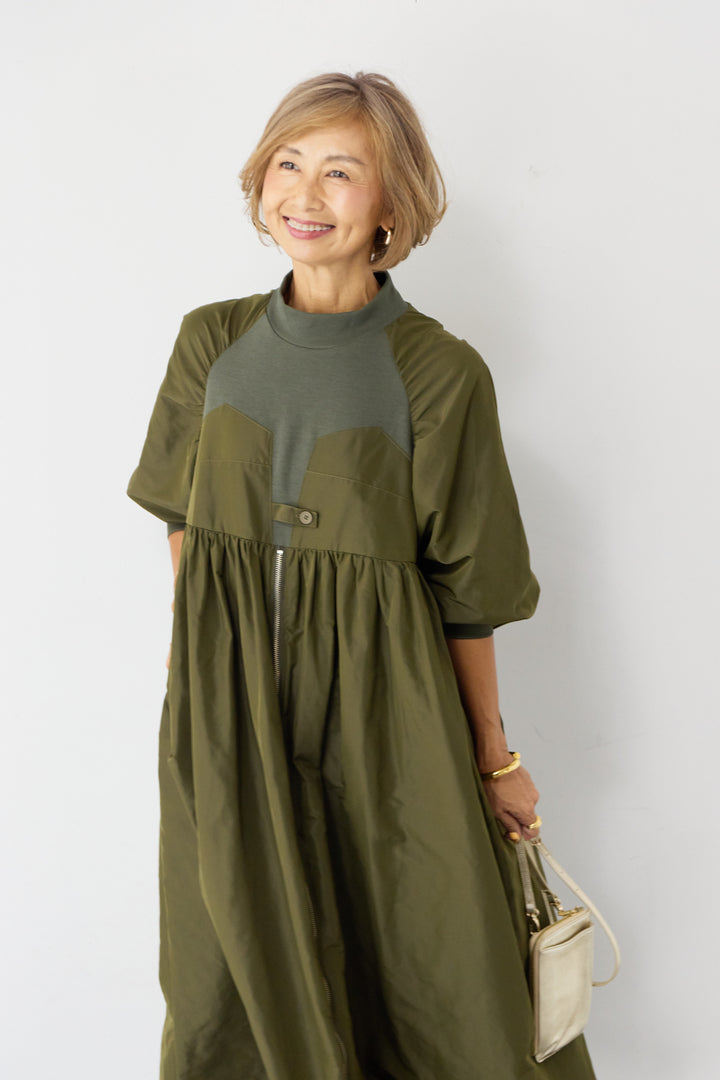 異素材コンビ フロントジップ ワンピース