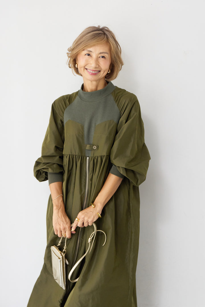 異素材コンビ フロントジップ ワンピース