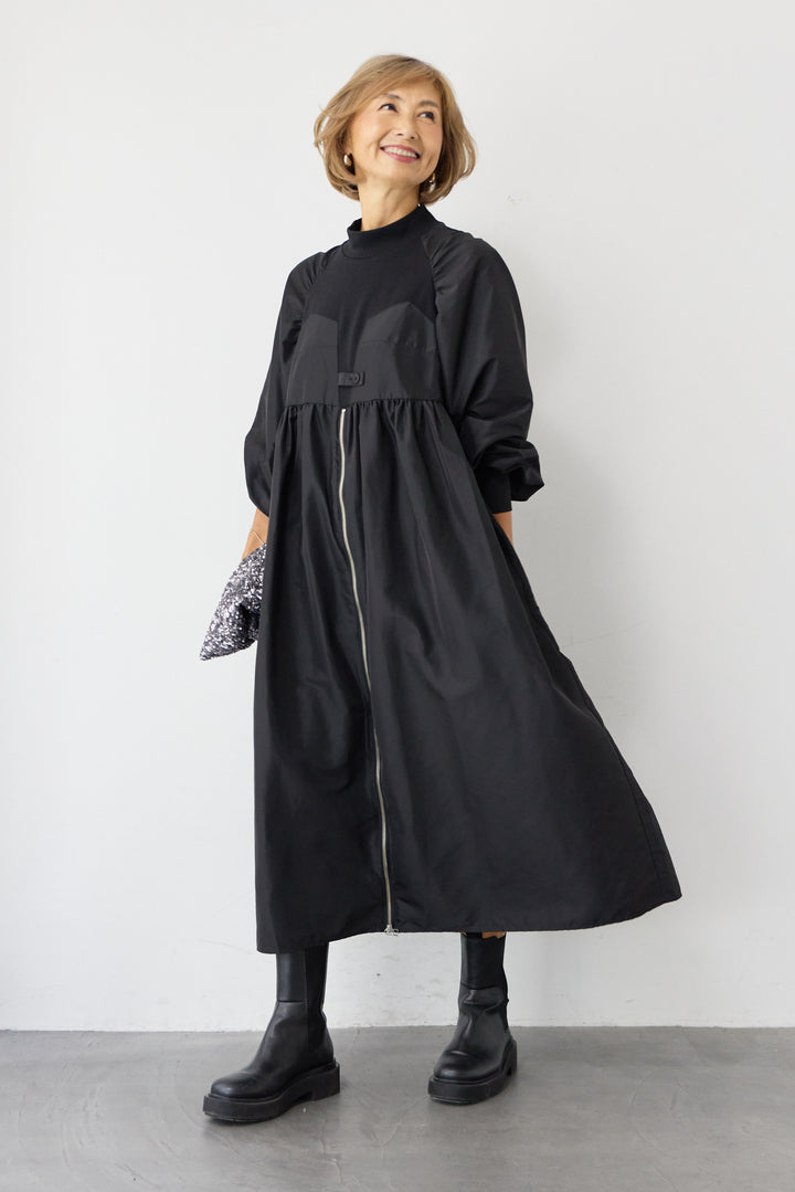 異素材コンビ フロントジップ ワンピース