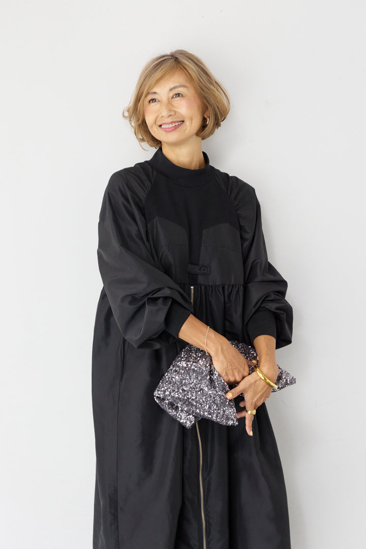 異素材コンビ フロントジップ ワンピース