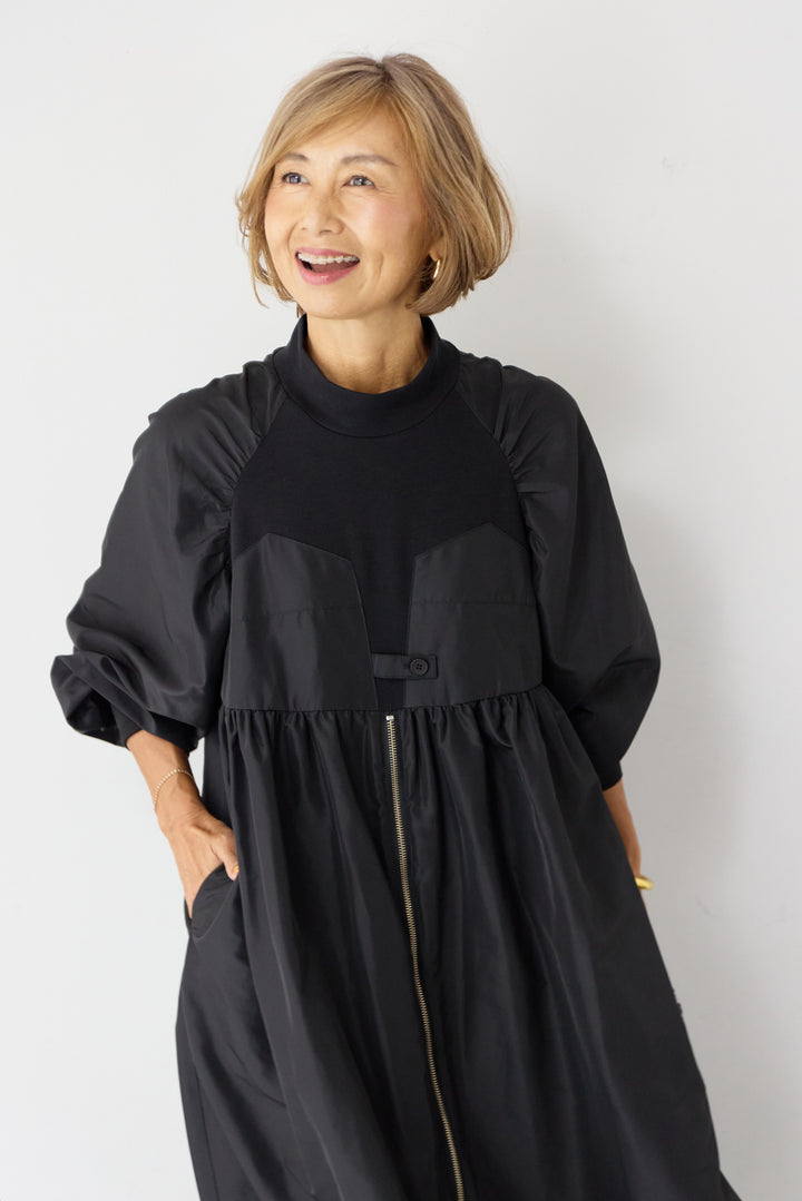 異素材コンビ フロントジップ ワンピース