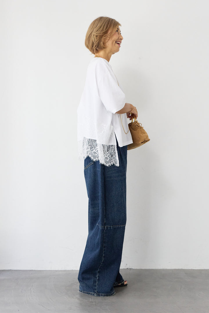 [SET]バック天竺レース プルオーバー+カーブデニムパンツ(2set)