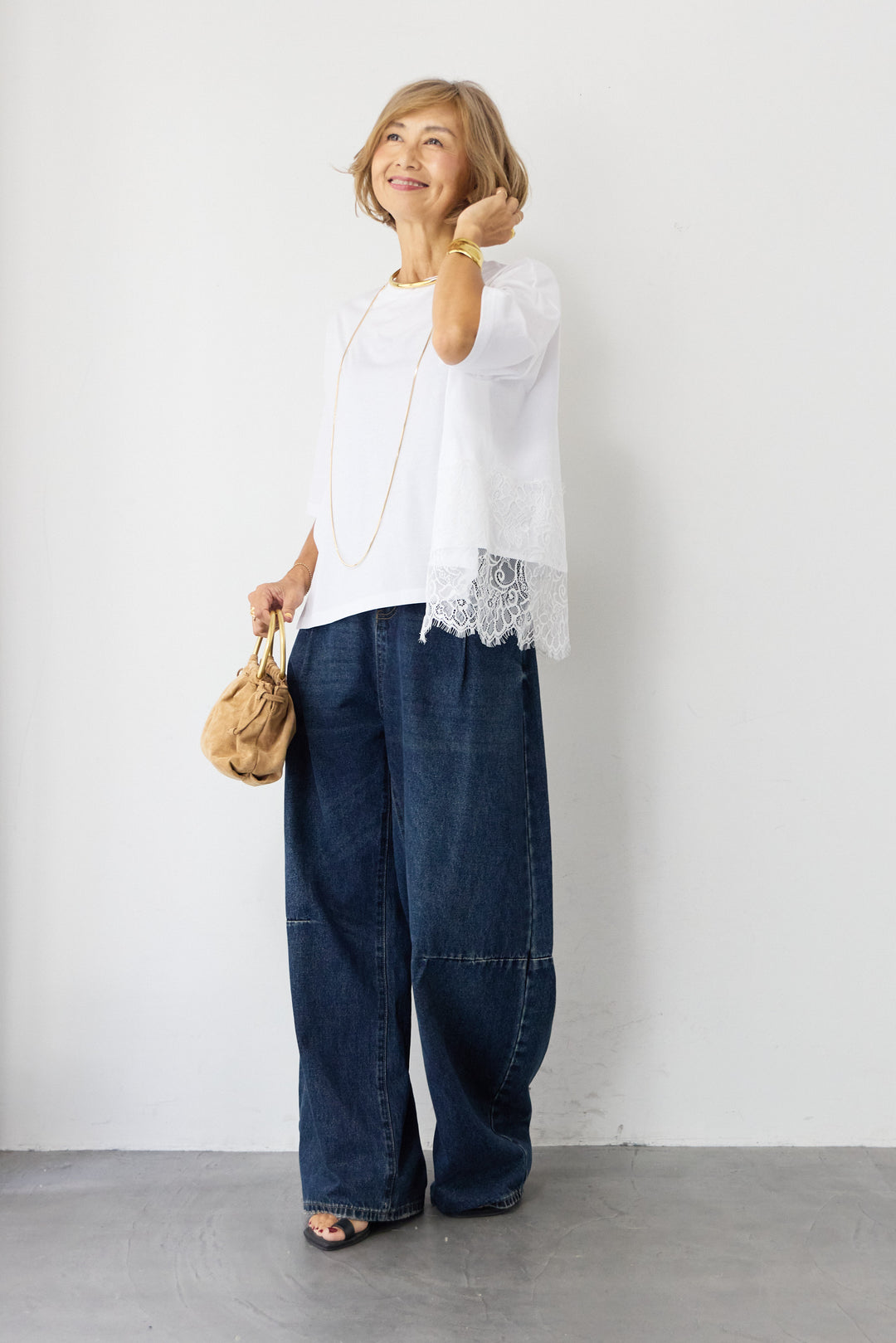 [SET]バック天竺レース プルオーバー+カーブデニムパンツ(2set)