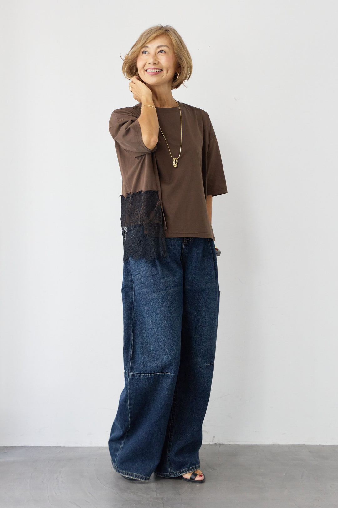 [SET]バック天竺レース プルオーバー+カーブデニムパンツ(2set)