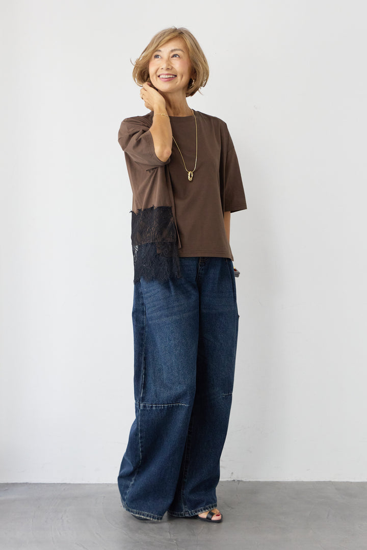 [SET]バック天竺レース プルオーバー+カーブデニムパンツ(2set)