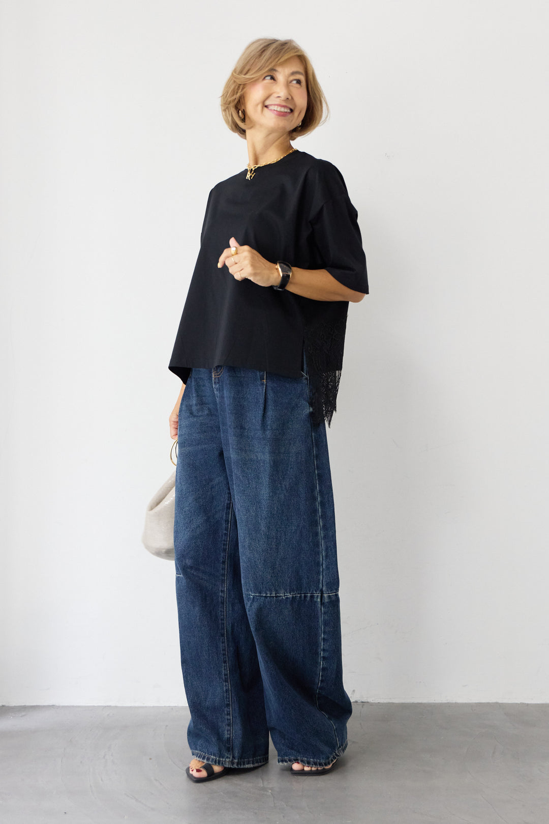 [SET]バック天竺レース プルオーバー+カーブデニムパンツ(2set)