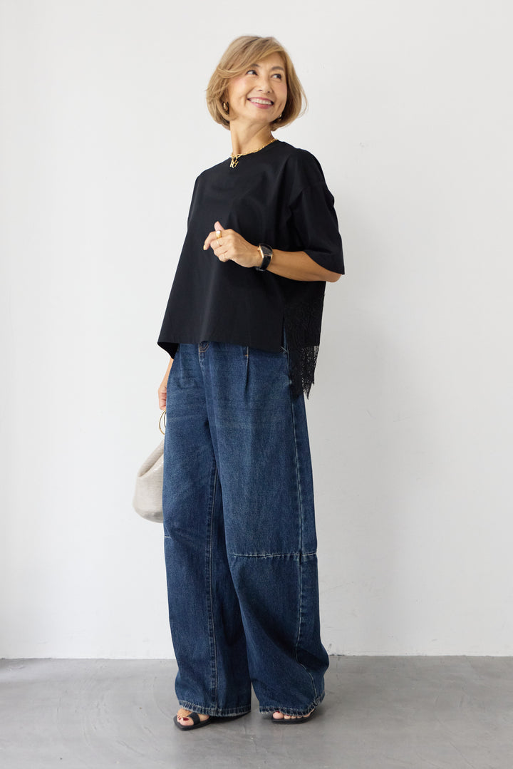 [SET]バック天竺レース プルオーバー+カーブデニムパンツ(2set)