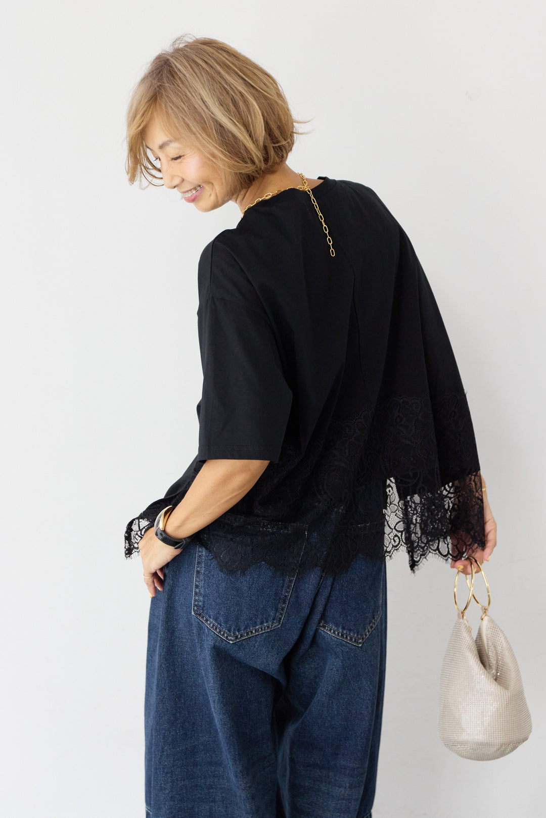 [SET]バック天竺レース プルオーバー+カーブデニムパンツ(2set)