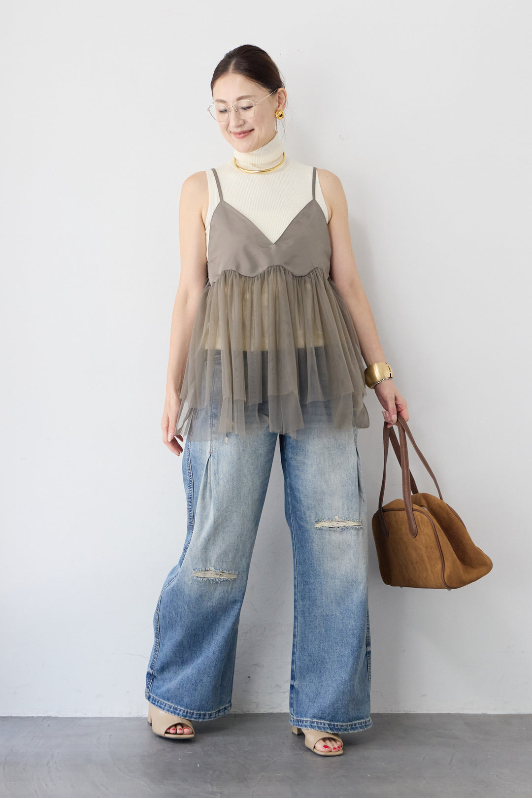 [SET]チュールペプラムビスチェ+リブニット タートルネックノースリーブ(2set)