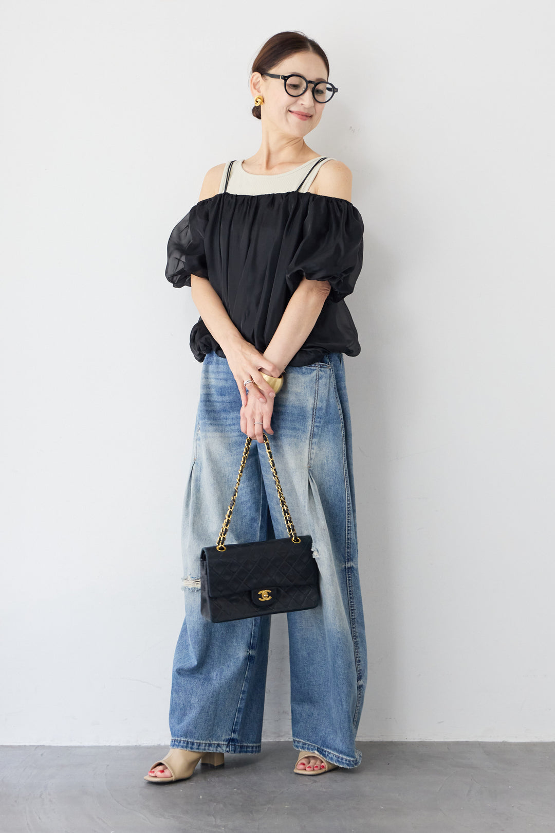 シアーオフショルレイヤードトップス