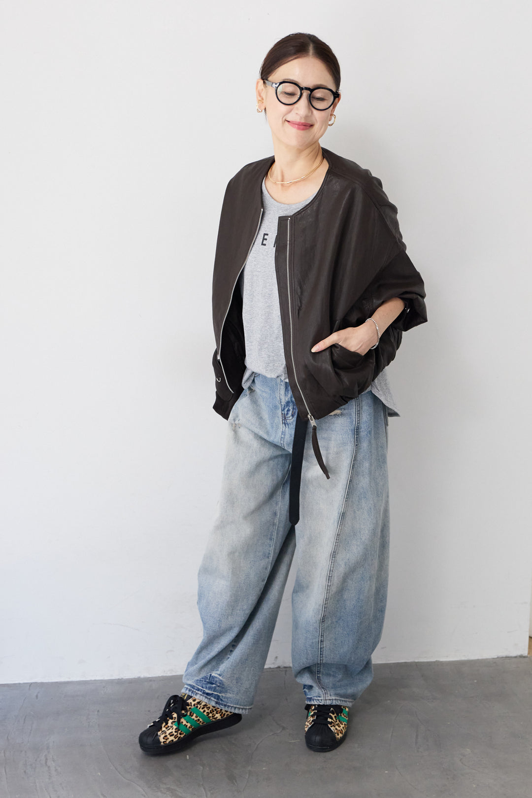 フェイクレザー ノーカラーブルゾン
