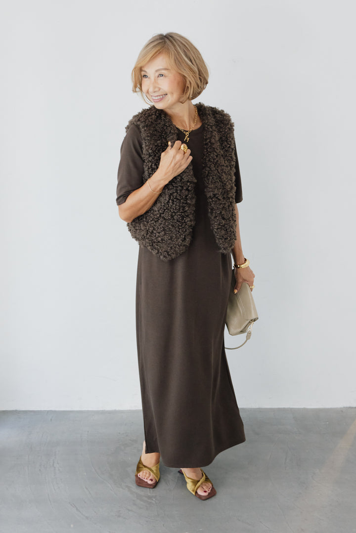 [SET]プードルファーショートベスト+リラクシー Iライン マキシワンピース(2set)