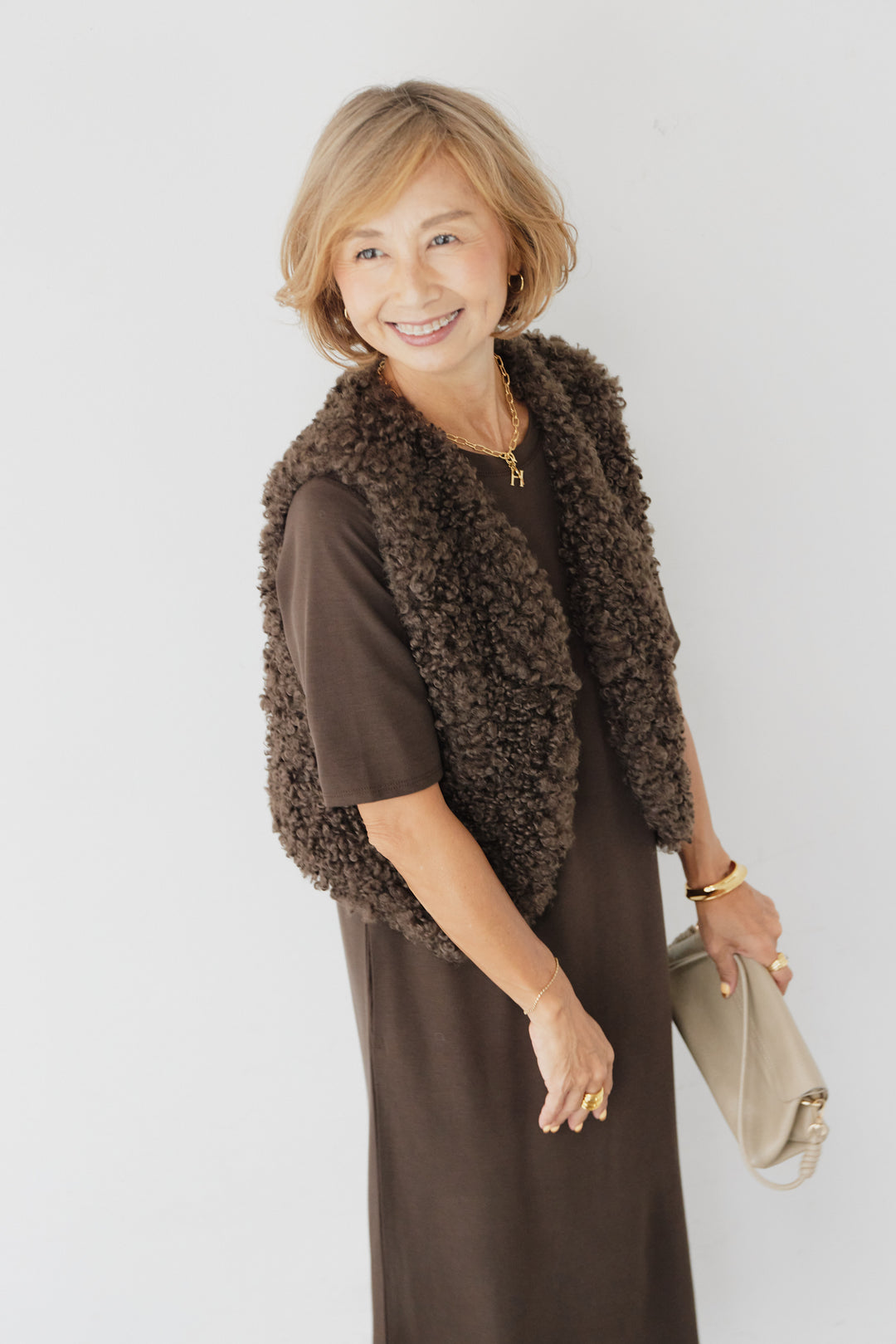 [SET]プードルファーショートベスト+リラクシー Iライン マキシワンピース(2set)