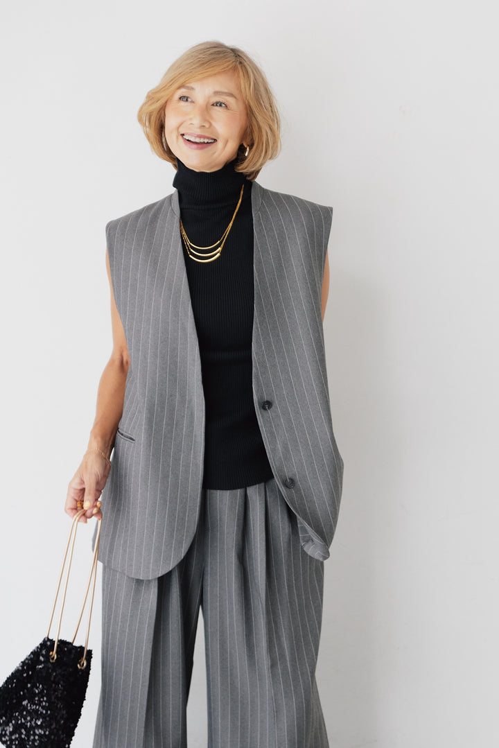 Vネック ピンストライプ ロングジレ