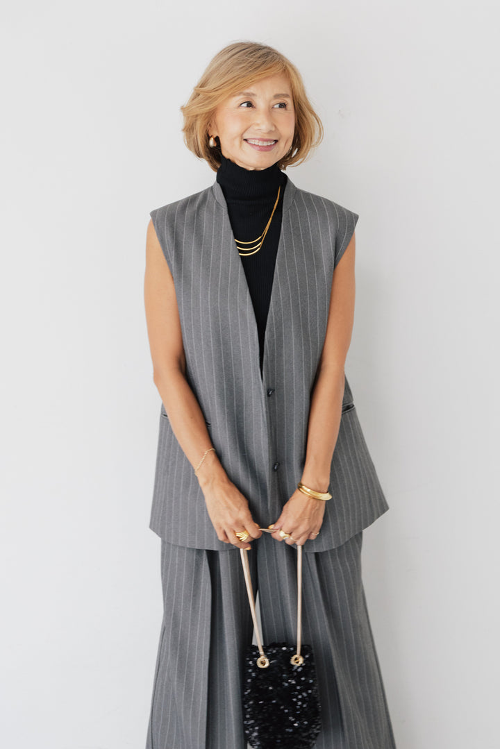 Vネック ピンストライプ ロングジレ