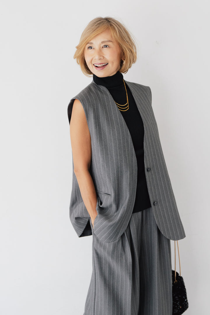 Vネック ピンストライプ ロングジレ