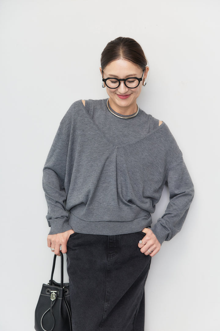 [SET]レイヤードデザイン ニットアンサンブル+レース ヘムデニムスカート(2set)
