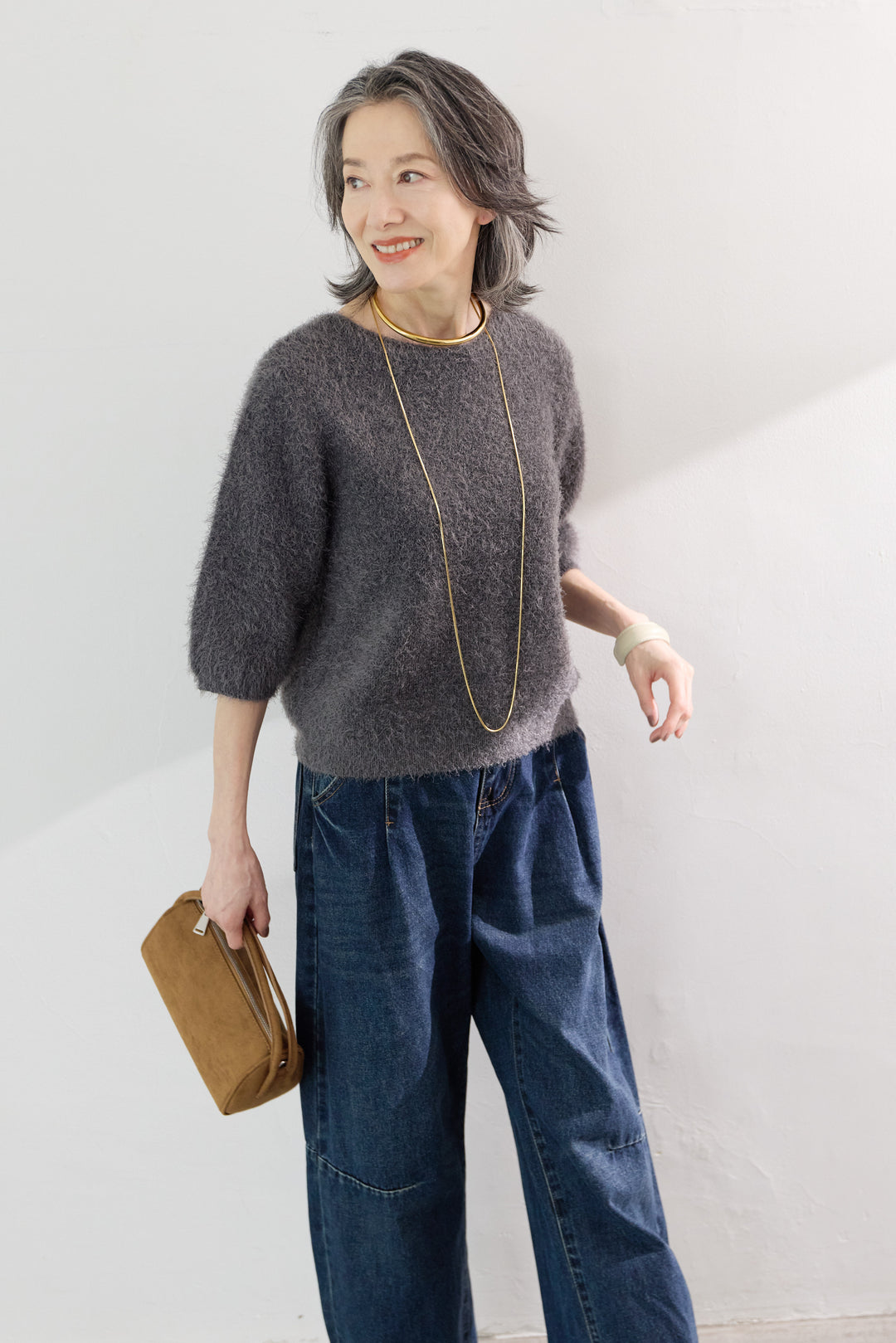 [SET]ダブルフェイスシャギーハーフスリーブニット+カーブデニムパンツ(2set)