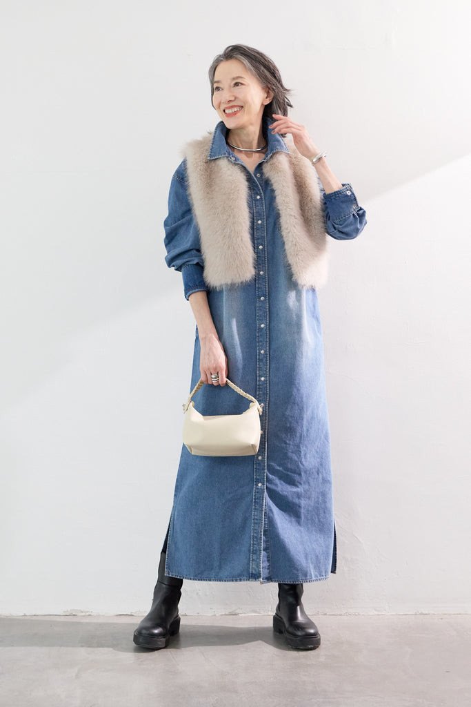 SET]デニムロングワンピース+エコファー ショートベスト(2set) – plusotoha