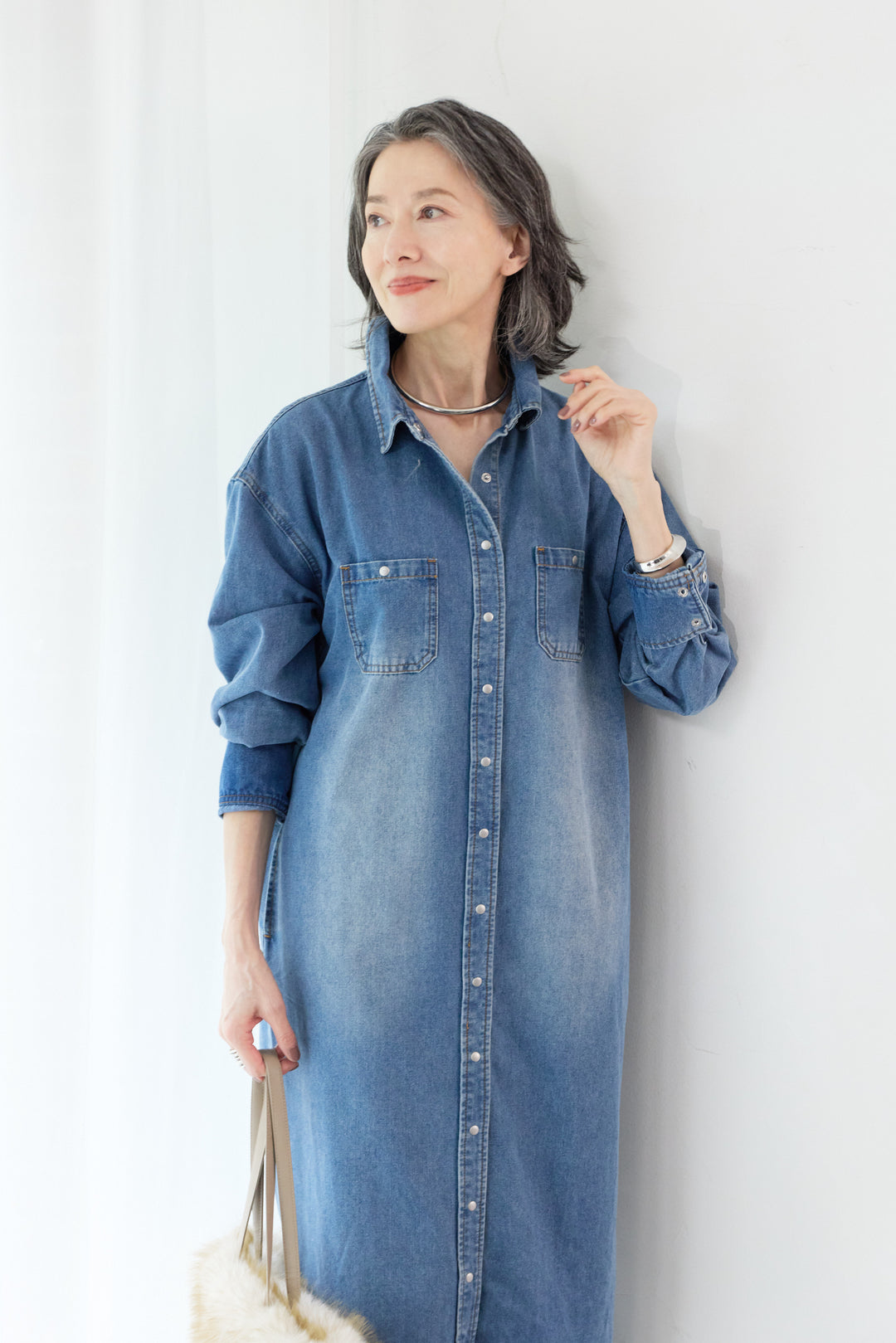 [SET]デニムロングワンピース+エコファー ショートベスト(2set)