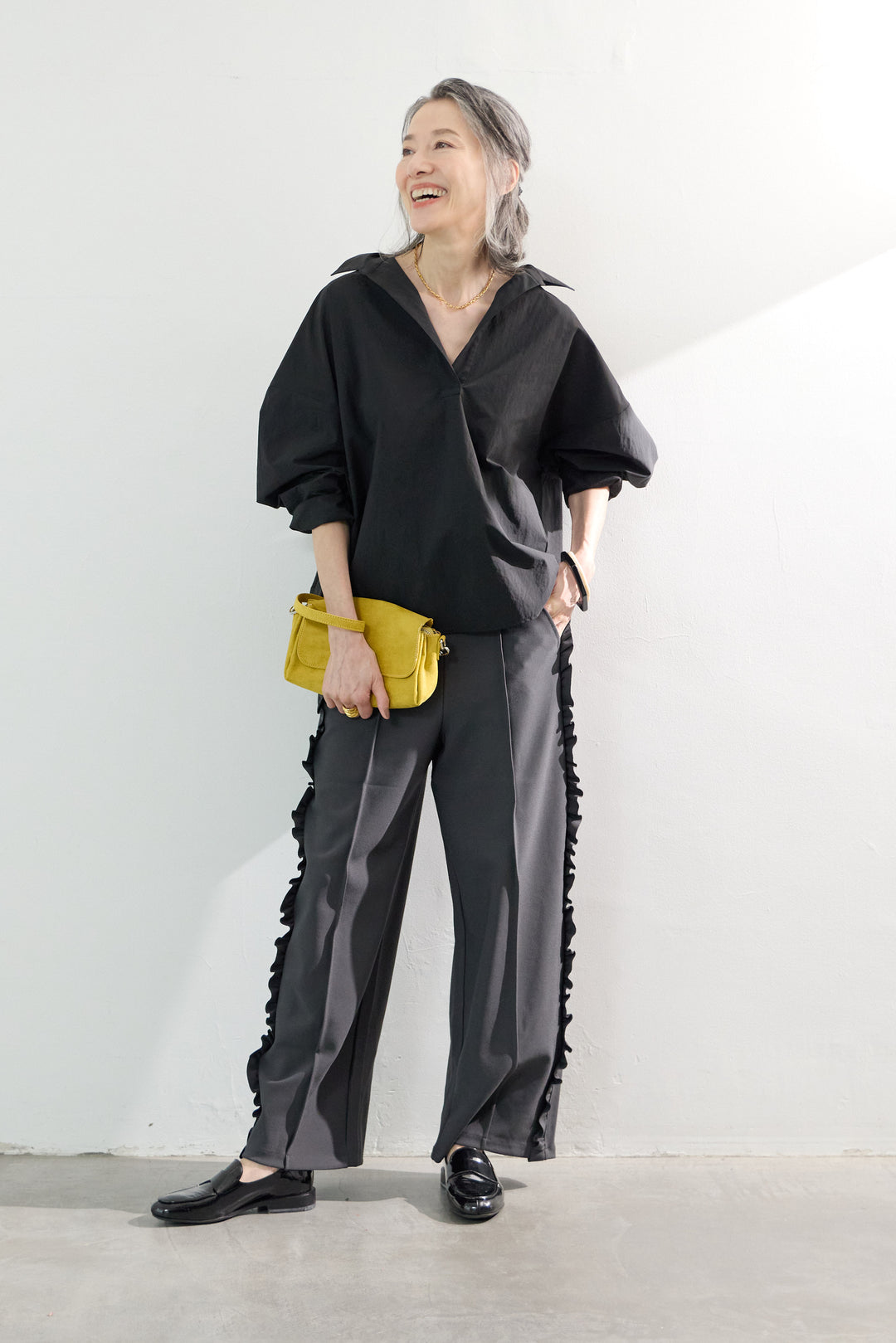 [SET]オーバーシルエット スキッパーシャツ+カットジョーゼットサイドフリルパンツ(2set)
