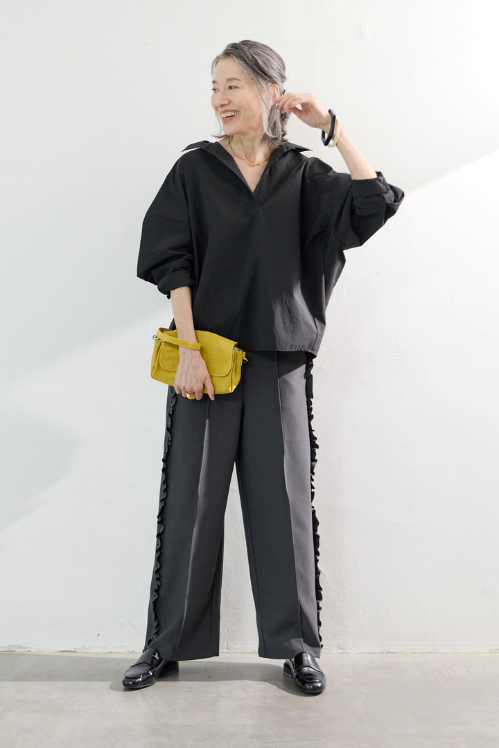 [SET]オーバーシルエット スキッパーシャツ+カットジョーゼットサイドフリルパンツ(2set)