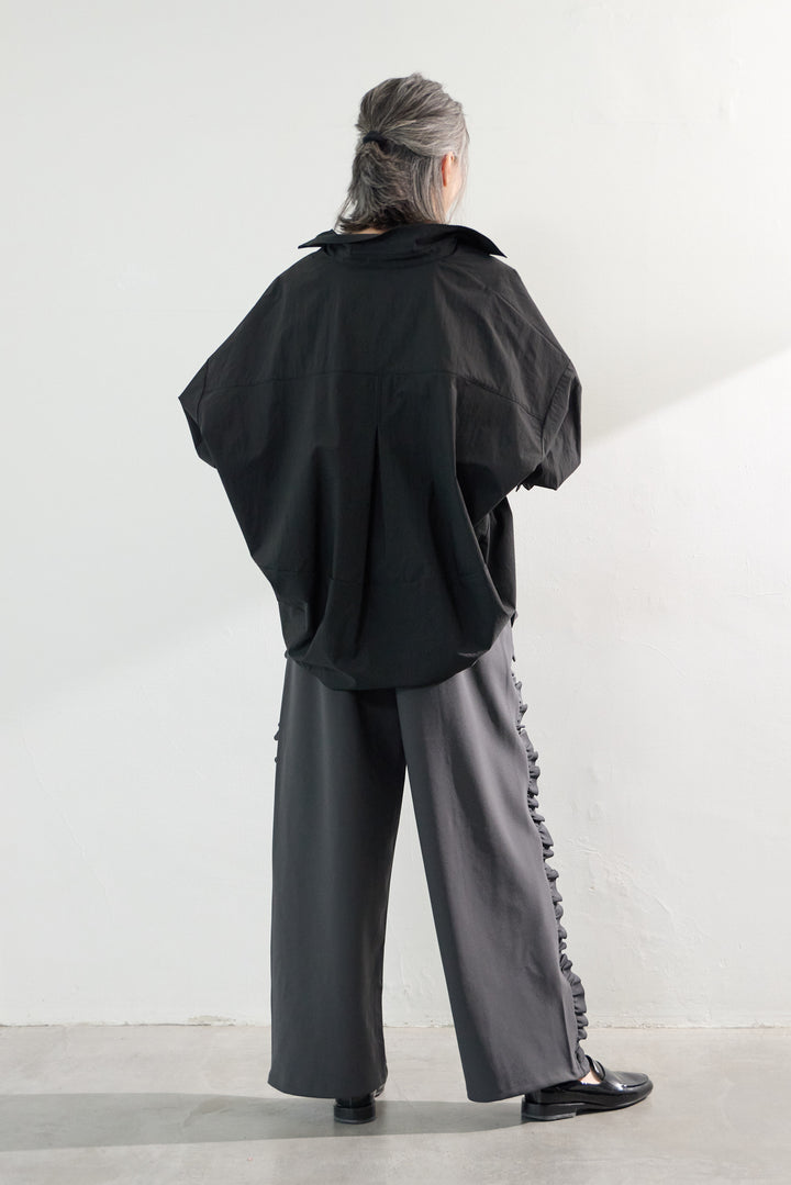[SET]オーバーシルエット スキッパーシャツ+カットジョーゼットサイドフリルパンツ(2set)