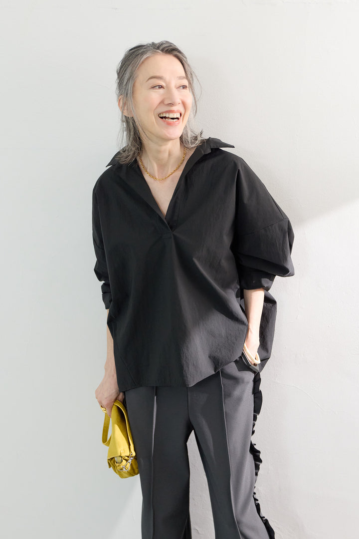 [SET]オーバーシルエット スキッパーシャツ+カットジョーゼットサイドフリルパンツ(2set)