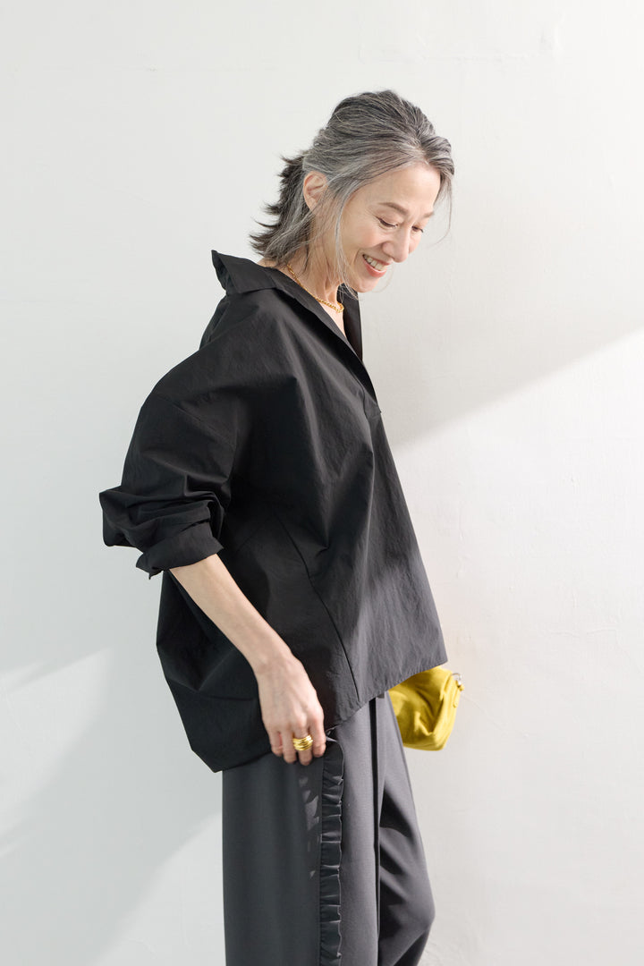 [SET]オーバーシルエット スキッパーシャツ+カットジョーゼットサイドフリルパンツ(2set)