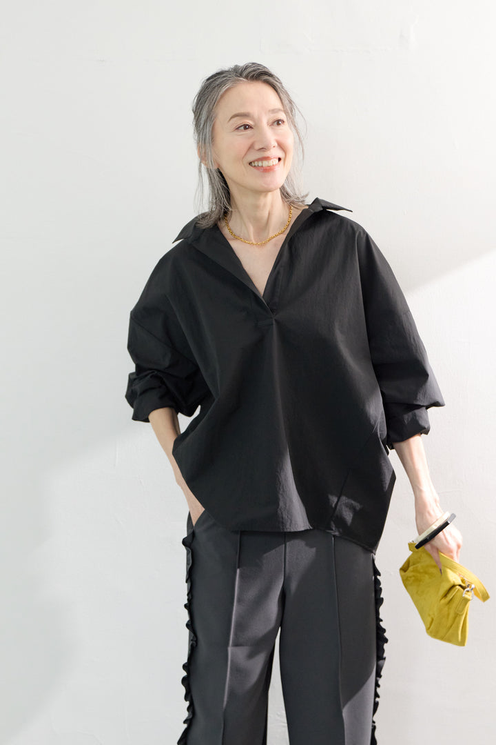 [SET]オーバーシルエット スキッパーシャツ+カットジョーゼットサイドフリルパンツ(2set)