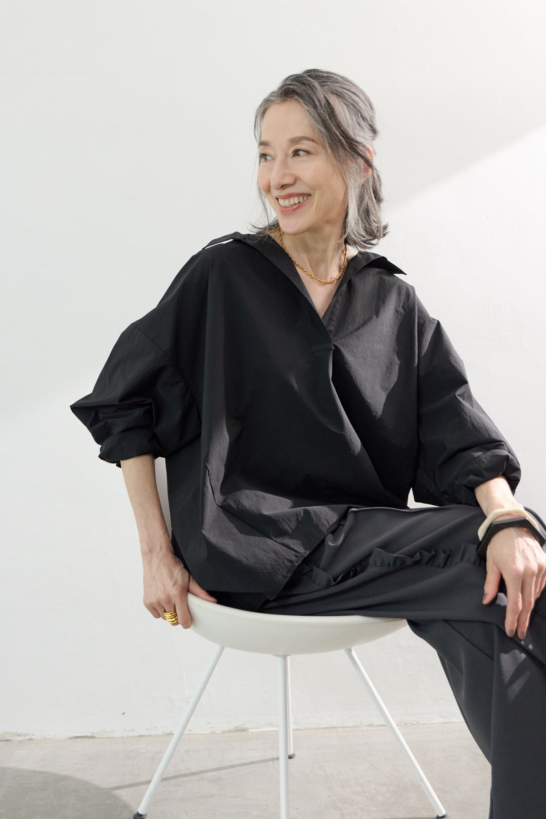 [SET]オーバーシルエット スキッパーシャツ+カットジョーゼットサイドフリルパンツ(2set)