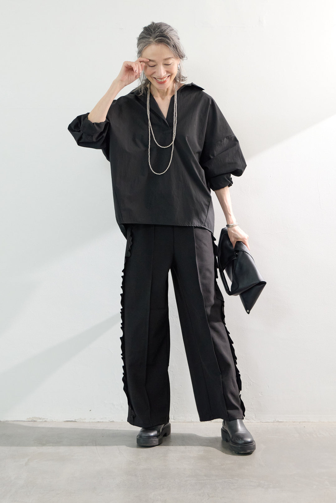 [SET]オーバーシルエット スキッパーシャツ+カットジョーゼットサイドフリルパンツ(2set)