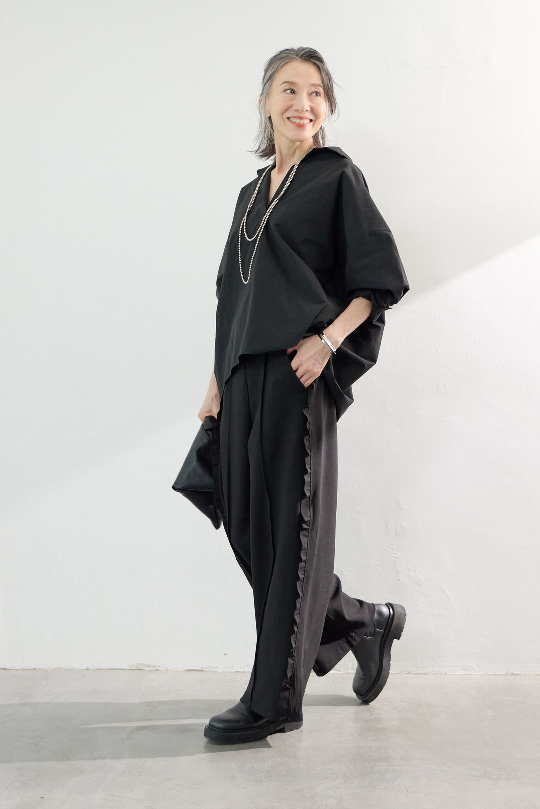 [SET]オーバーシルエット スキッパーシャツ+カットジョーゼットサイドフリルパンツ(2set)