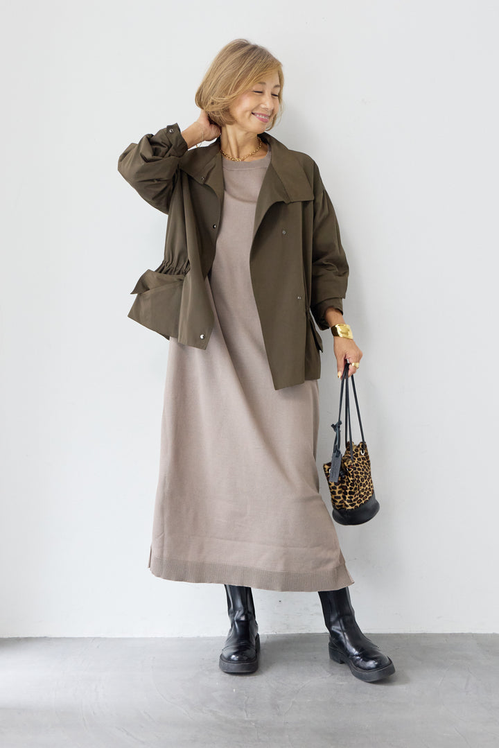 [SET]クルーネックロングニットワンピース+スタンドカラードロストブルゾン(2set)