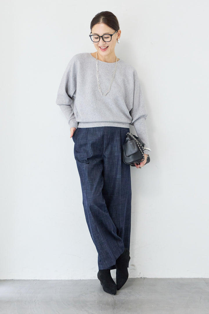[SET]ボートネック ドルマンスリーブニット+デニムライク タックワイドパンツ(2set)