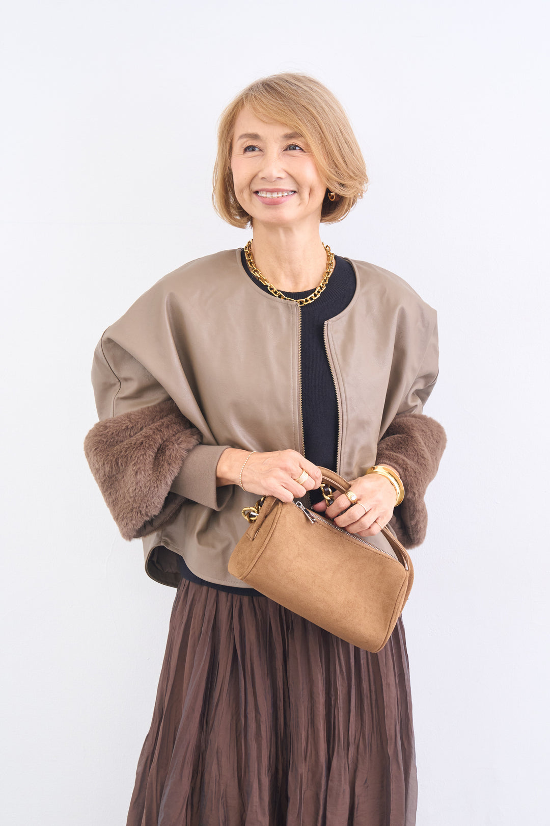 フェイクレザーファースリーブブルゾン