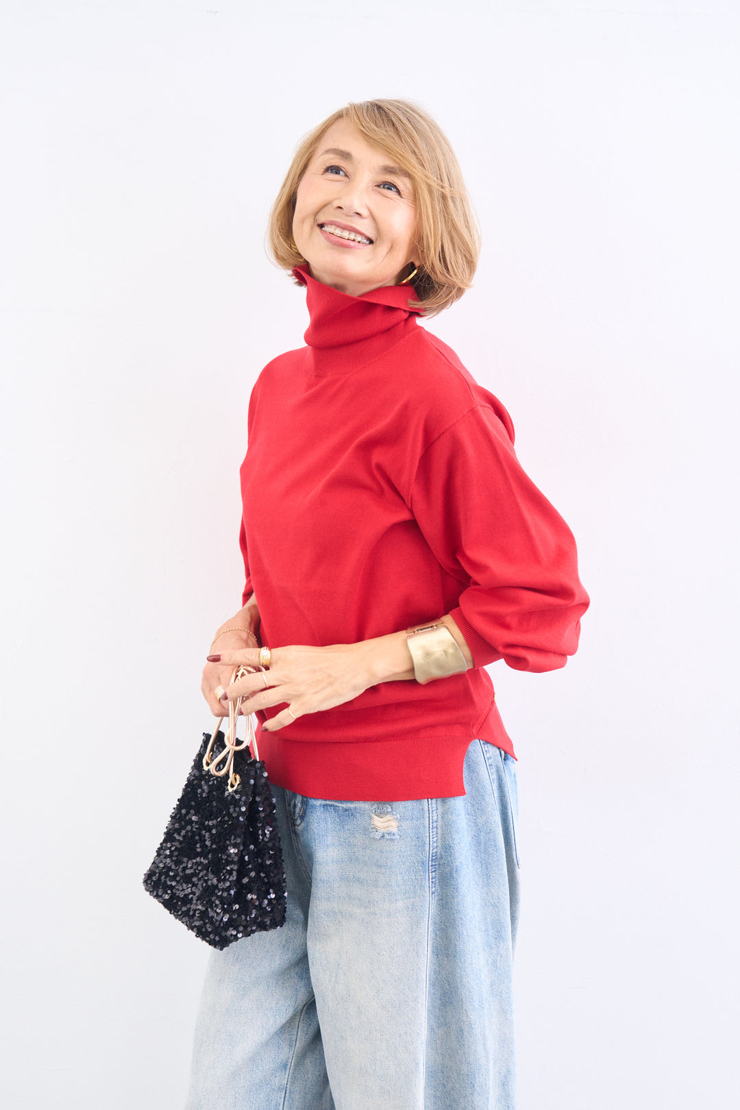 洗えるシルク30%ハイネックニット