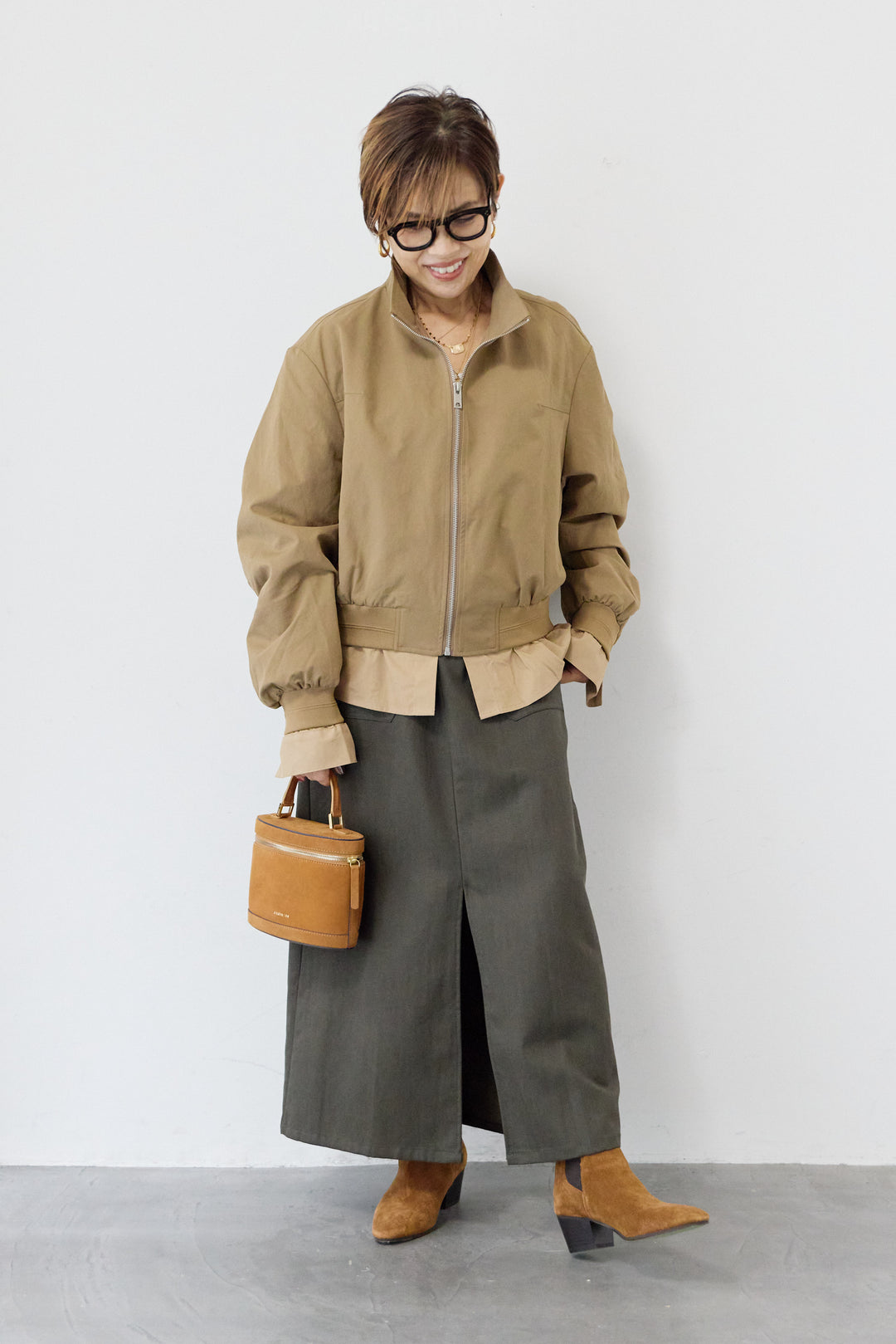 スタンドカラーシャツレイヤード風ブルゾン