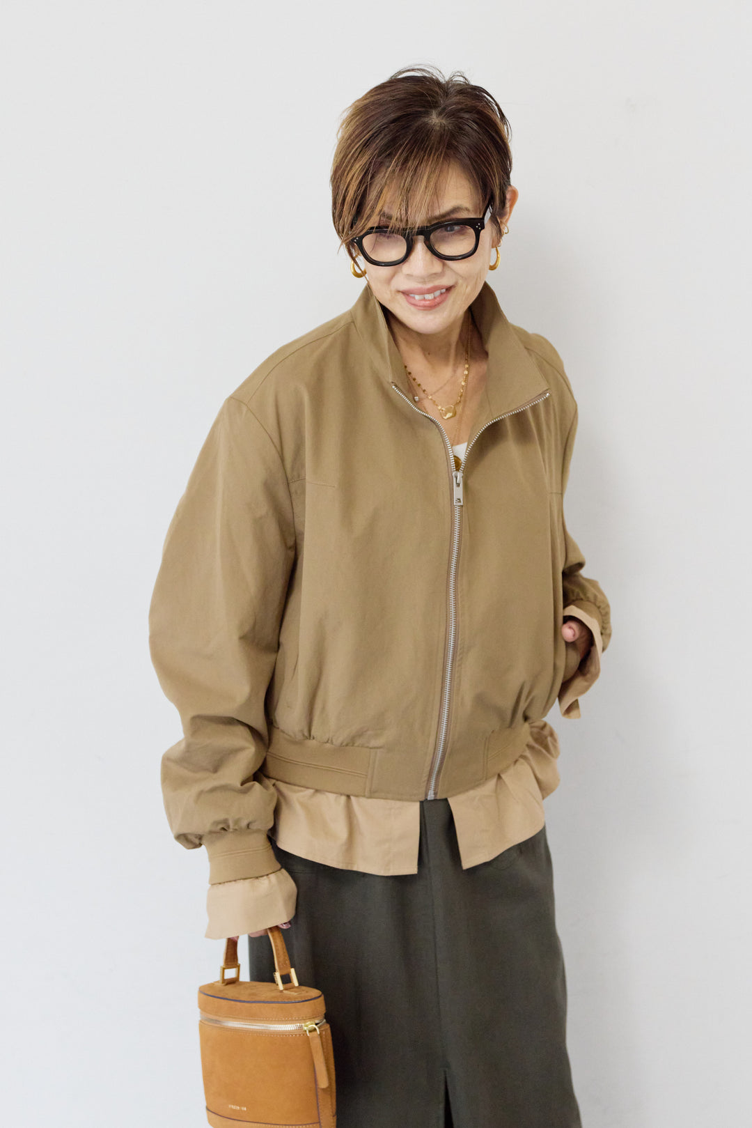 スタンドカラーシャツレイヤード風ブルゾン