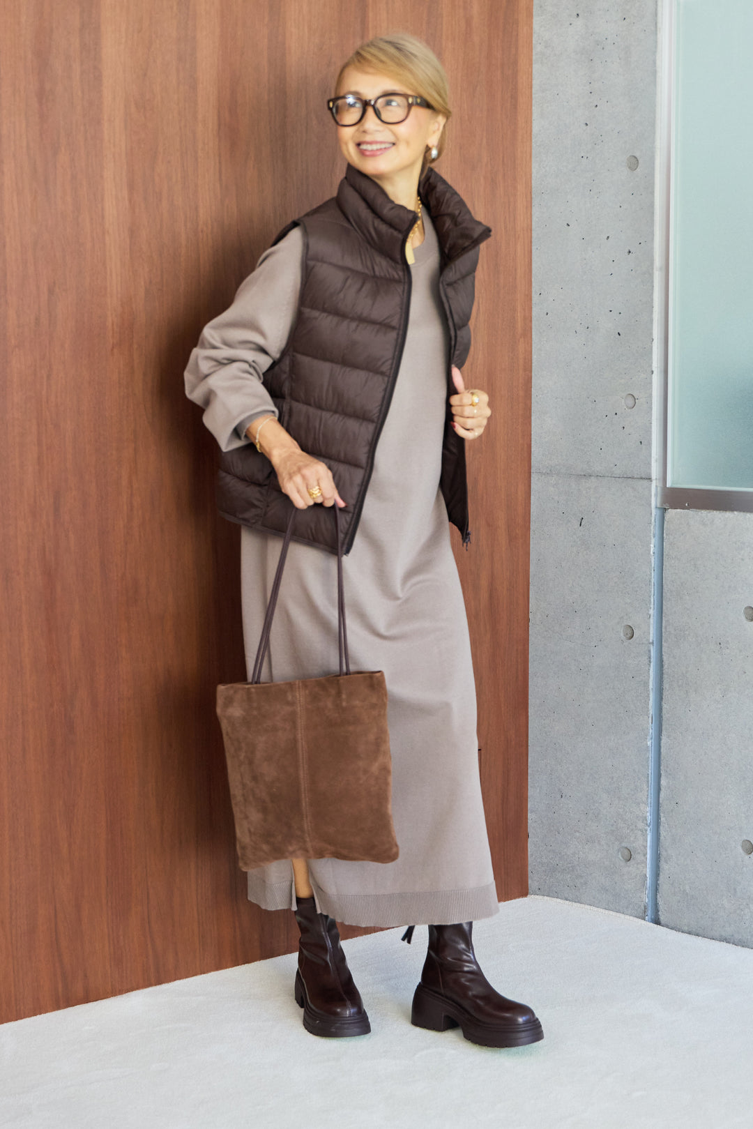 [SET]クルーネックロングニットワンピース+ハイネック中綿ベスト(2set)