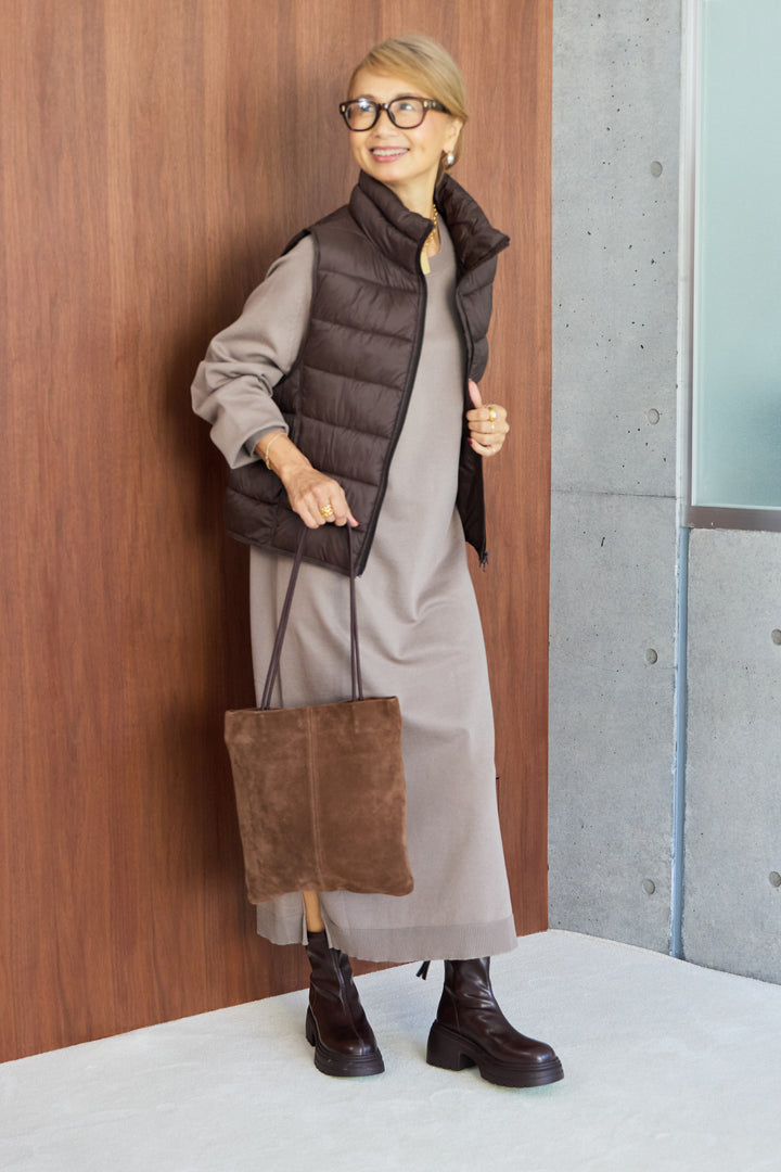 [SET]クルーネックロングニットワンピース+ハイネック中綿ベスト(2set)