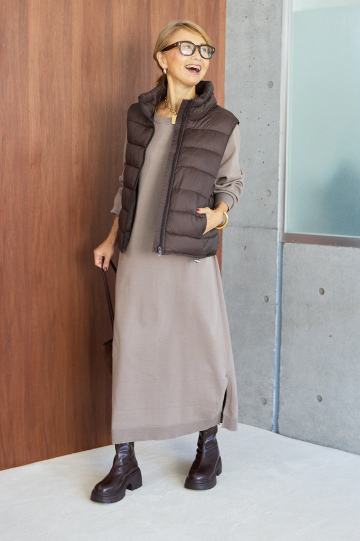 [SET]クルーネックロングニットワンピース+ハイネック中綿ベスト(2set)