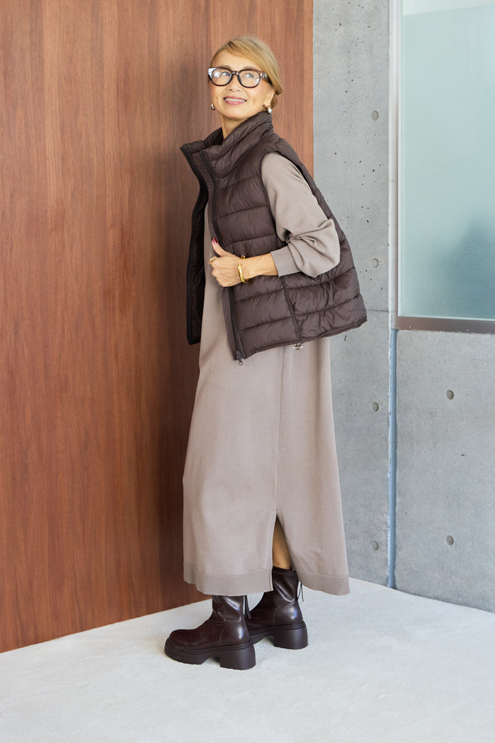 [SET]クルーネックロングニットワンピース+ハイネック中綿ベスト(2set)