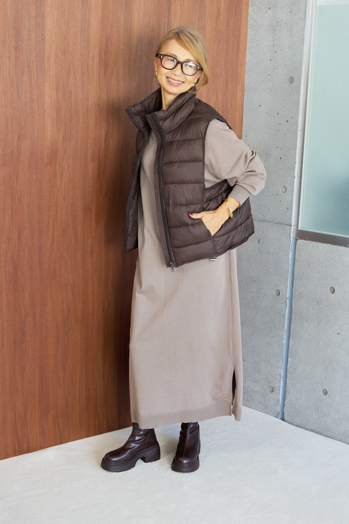 [SET]クルーネックロングニットワンピース+ハイネック中綿ベスト(2set)
