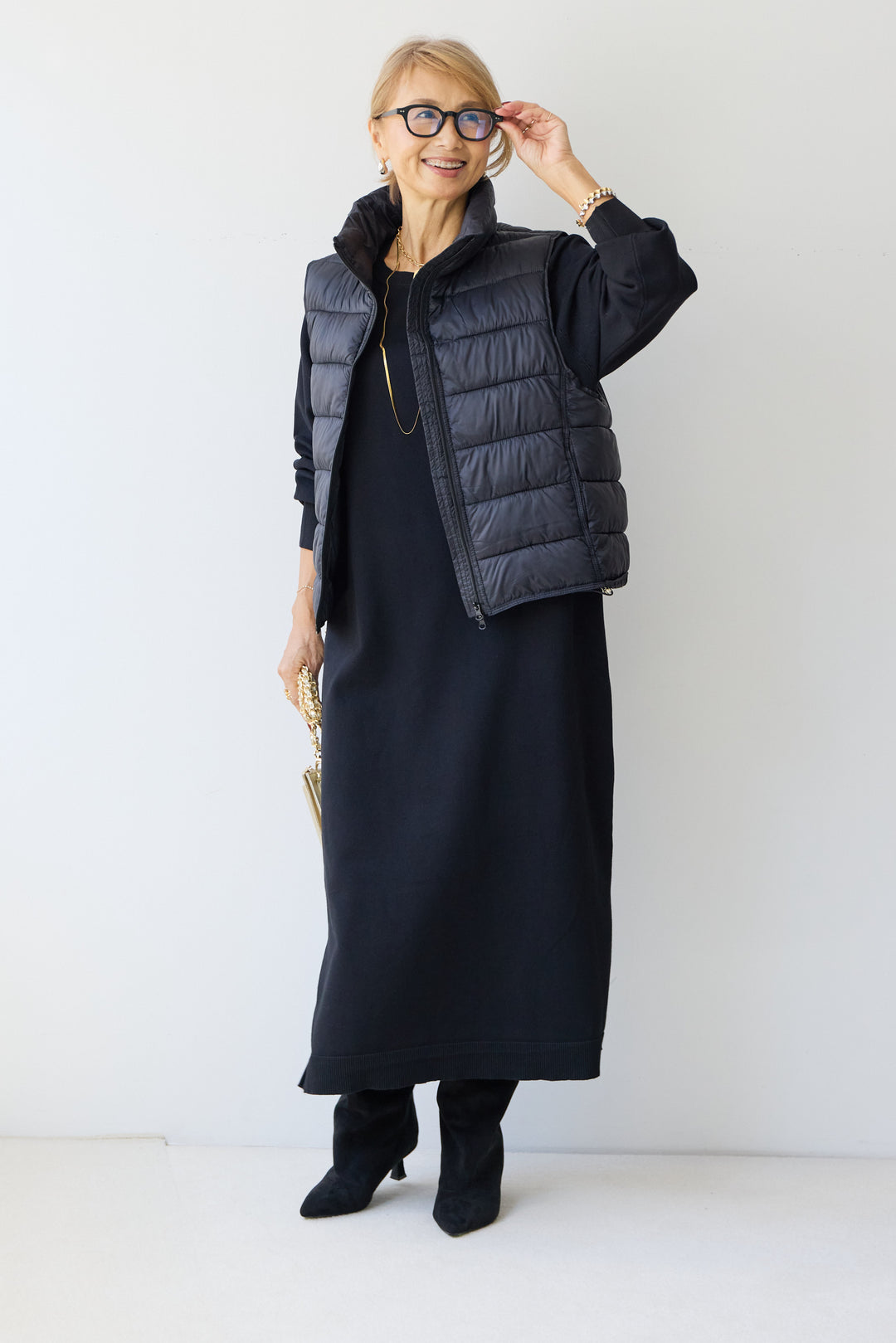 [SET]クルーネックロングニットワンピース+ハイネック中綿ベスト(2set)