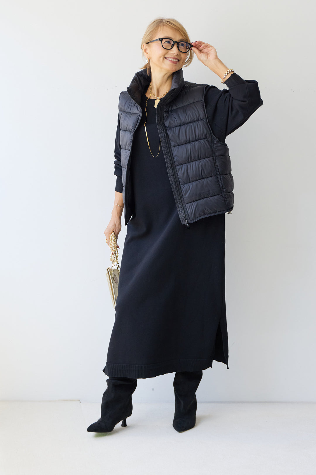 [SET]クルーネックロングニットワンピース+ハイネック中綿ベスト(2set)