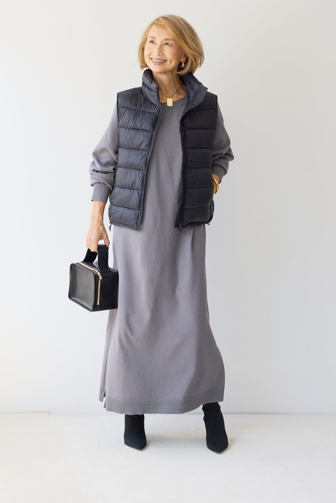 [SET]クルーネックロングニットワンピース+ハイネック中綿ベスト(2set)