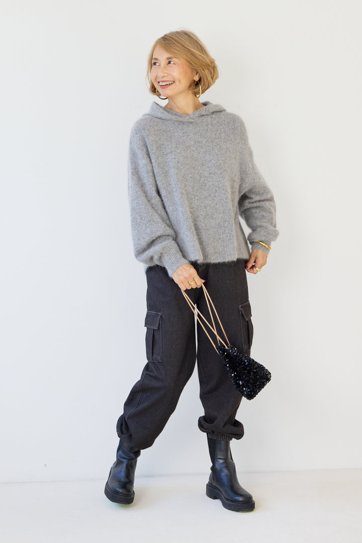 FOX混バックスリットフードニット